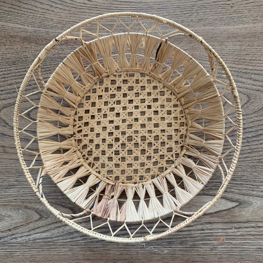 Vintage Round Woven Straw Basket Boho Wall Decor Natural Rattan Open Weave 10in
